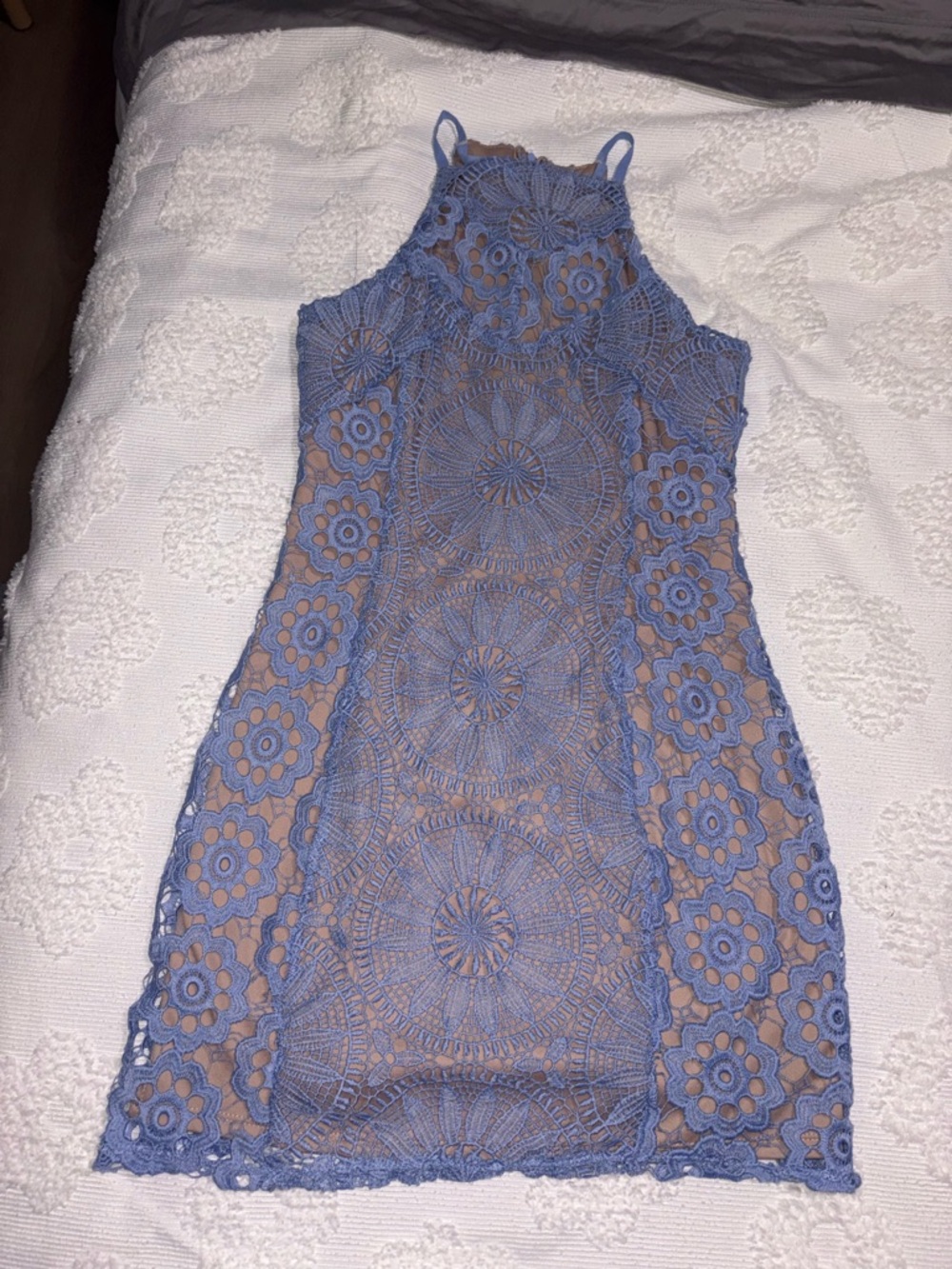 Francesca's Collections Lavender Blue Crochet Halter Mini Dress